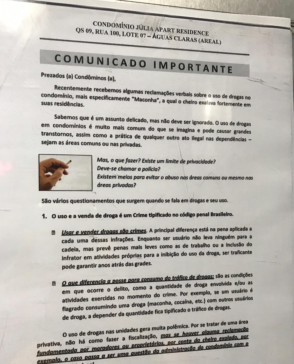 Comunicado publicado nas áreas comuns de um prédio residencial em Águas Claras — Foto: Arquivo pessoal